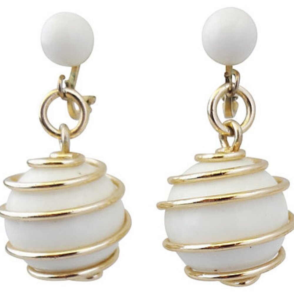Vintage Signed Crown Trifari White Spiral Clip Earrings, 1954